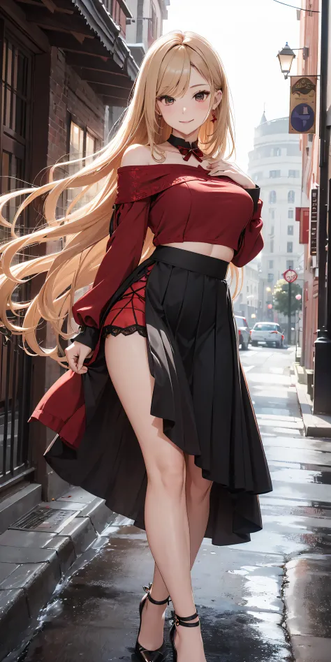Adult Woman, Sexy Wizard Cosplay, Long dark blonde wavy hair、Red and black off-the-shoulder knit, (Long flared skirt in black), ...