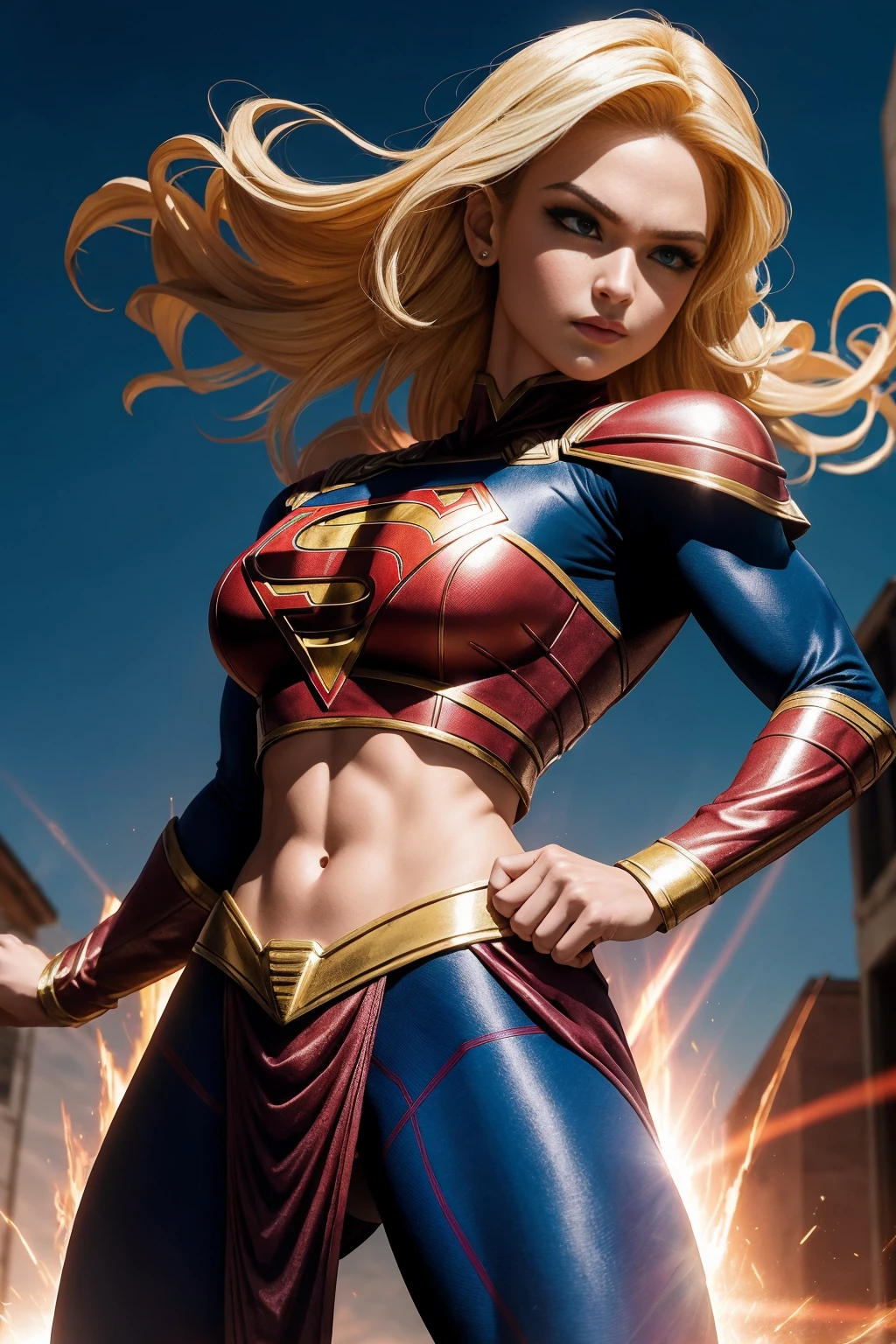 Android numéro 18 Dragon Ball Z en tant que supergirl,(Meilleure qualité, Des hauts, Couleurs vives:1.2), ultra-détaillé,
Super Girl, Dure peu, Affichage Midriff, Sexy, traits du visage détaillés,
beaux yeux détaillés, belles lèvres détaillées, long cils,
expression confiante, couleurs vives, fond vibrant, voler dans le ciel,
pose dynamique, strong physique, cheveux blonds flottants, posture puissante,
soleil intense, Ombres dramatiques, style bande dessinée