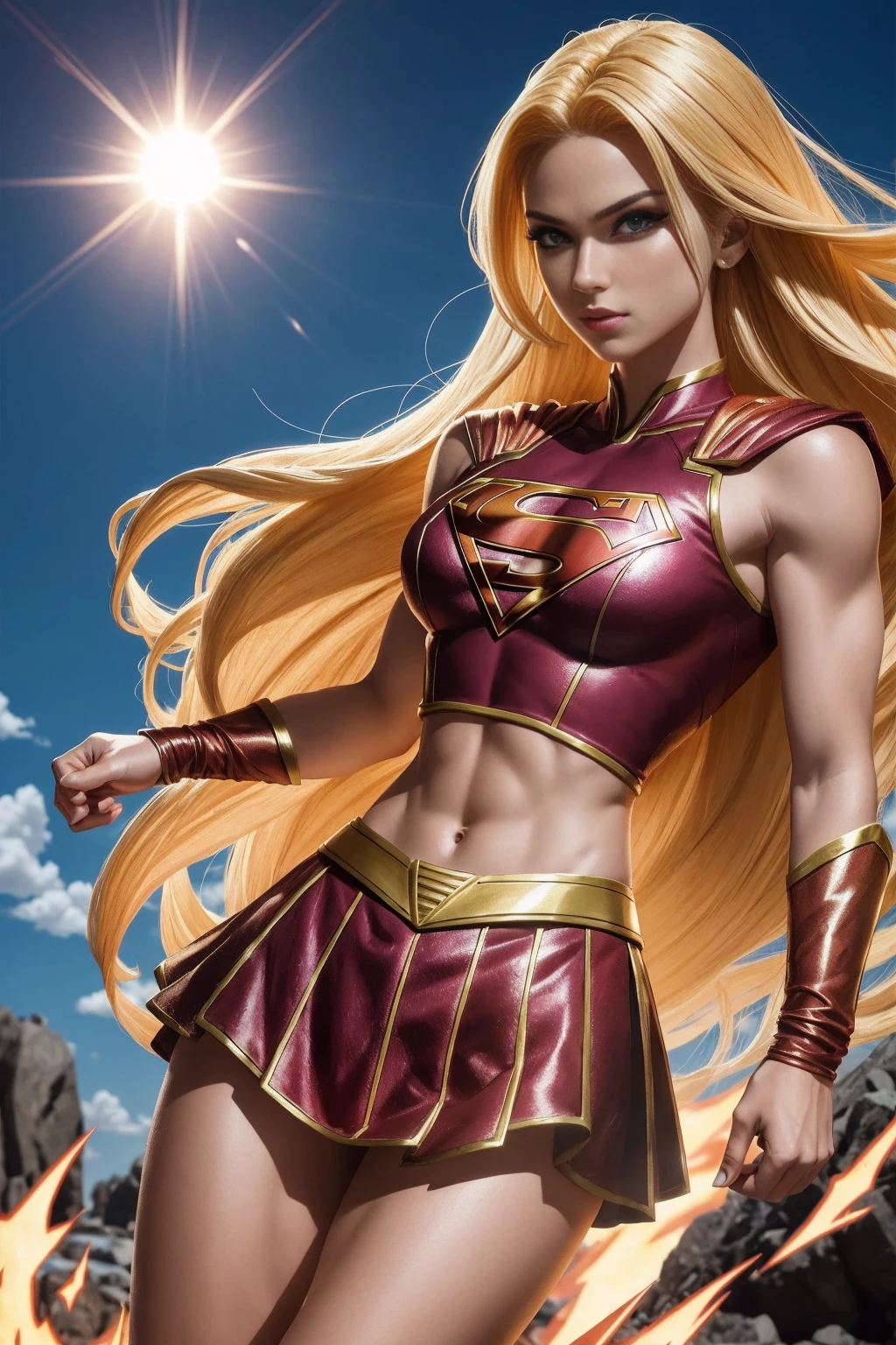 Android número 18 de dragon ball z como supergirl,(mejor calidad, Altas, colores vívidos:1.2), ultra detallado,
superchica, Dura poco, Pantalla Midriff, sexy, rasgos faciales detallados,
hermosos ojos detallados, hermosos labios detallados, Pestañas largas,
expresión segura, colores brillantes, Fondo vibrante, volando en el cielo,
pose dinámica, físico fuerte, pelo rubio que fluye, postura poderosa,
luz solar intensa, Sombras dramáticas, estilo cómic