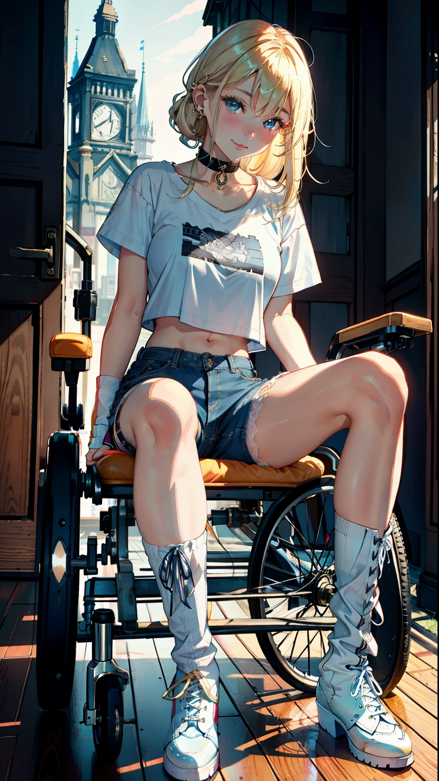 ​masterpiece, top-quality,  Detailed details, Detailed landscapes, beatiful lights, Beautiful Shadows, 1girl in, 23years old,Sitting in a wheelchair、Blue eyes,Mischievous smile, Blonde short、bangle,a choker,piercings,hotpants,Ultra-low rise,ＴShirt, Navel Ejection,White loose socks、lace-up boots、Open Finger Gloves、detailed skin textures, Tyndall effect