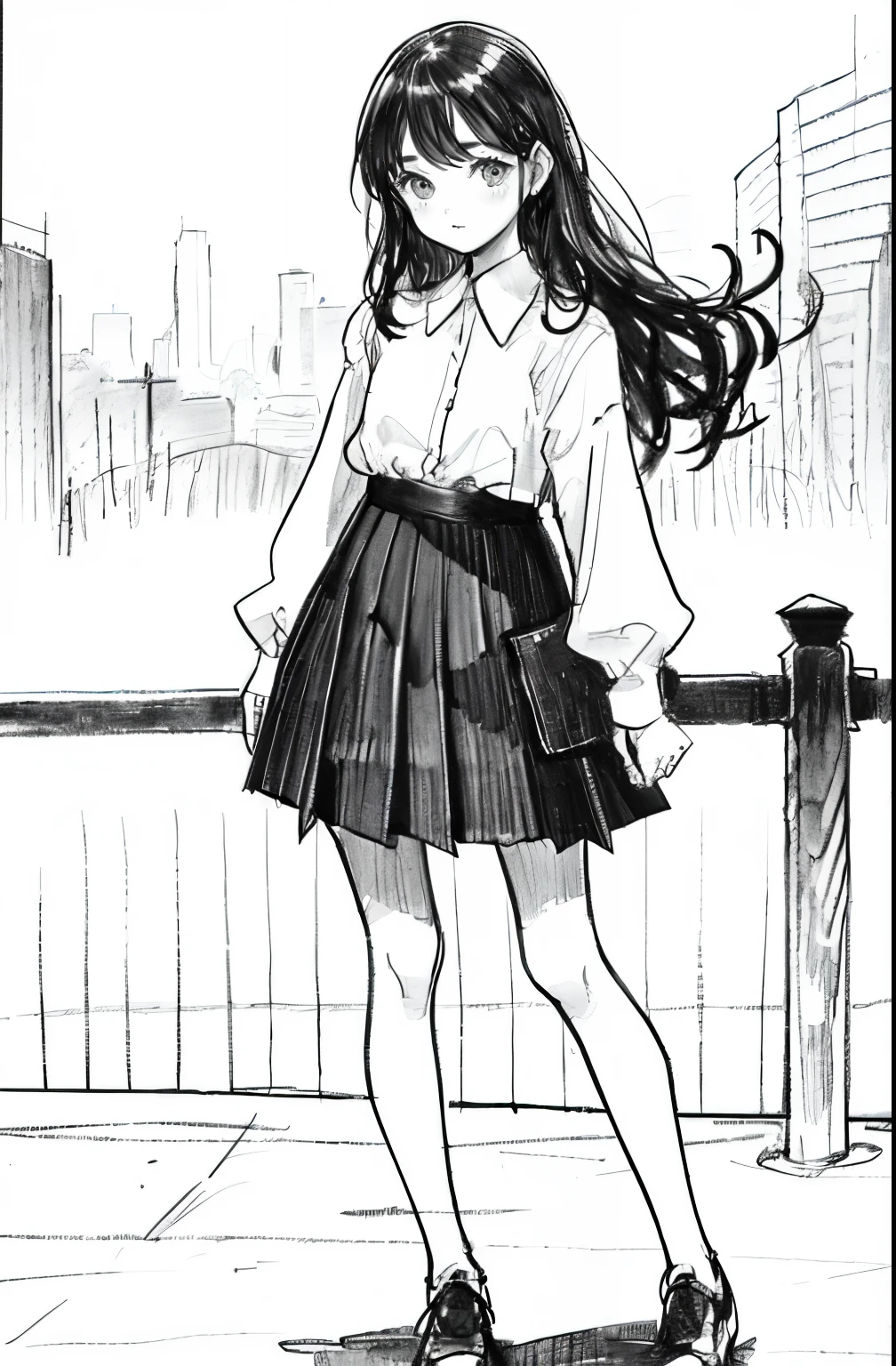 A Drawing Of A Girl In A Skirt And Shirt Standing On A Sidewalk Seaart Ai