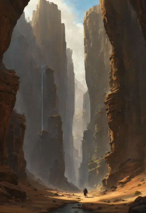 There is a spacious canyon，The canyon is surrounded by statues holding weapons.，4k morrowind concept art, painterly concept art,...