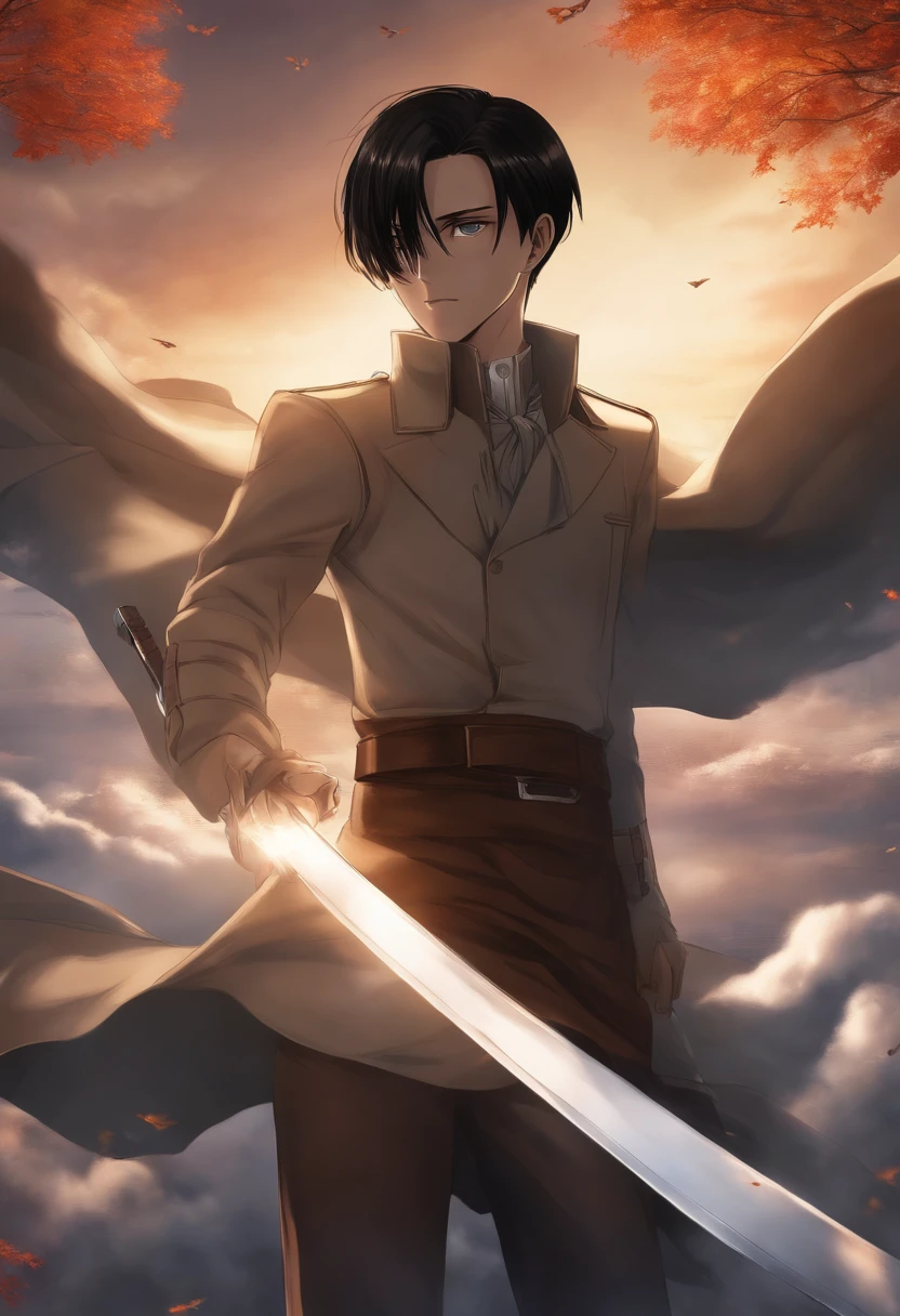 A man with a sword standing in front of a cloudy sky - SeaArt AI