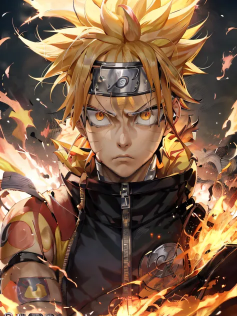 anime character with yellow hair and orange eyes in front of fire, badass anime 8 k, naruto artstyle, naruto uzumaki, 4 k manga ...