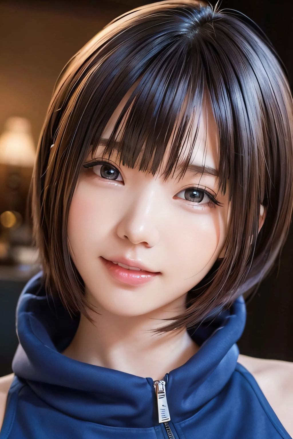 8k, best quality, masterpiece, realistic, ultra detail, photo realistic, hyper realistic, smoother lighting, increase cinematic lighting quality, realistic lighting, backlighting, brightening light, Increase quality, best quality real texture skin, 
close-up, slender, cute face, smile, beautiful details eyes, 19years old korean, pretty, Drill hair with electric blue color, hood,