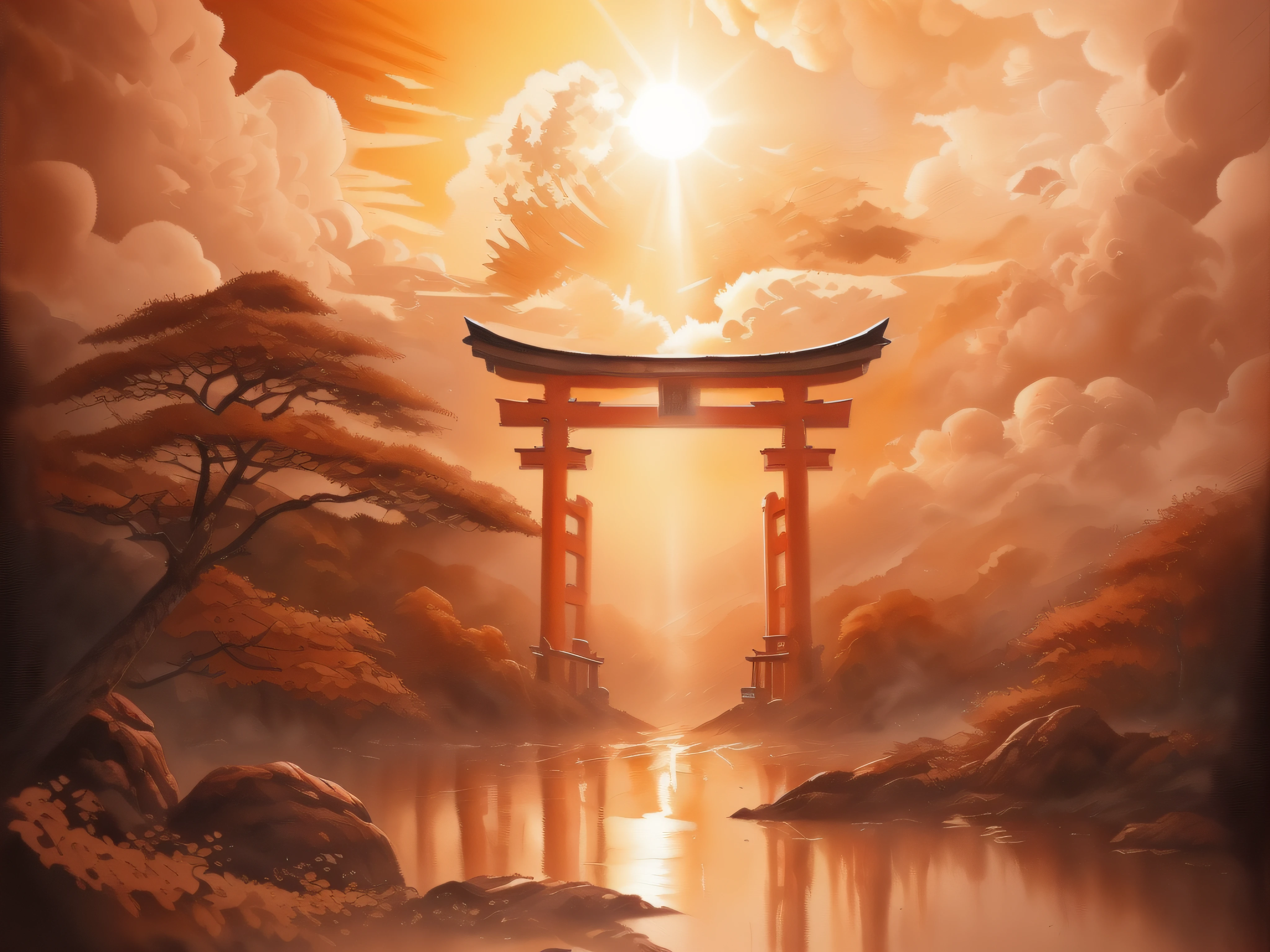 (((masutepiece))), High quality, Extremely detailed, Torii in the clouds, Sunlight, morning, Sunrise, Autumn, superfine illustration, (((Oil Painting))), realphoto, line-drawing, Approaching perfection, Insanely detailed, Concept art, epicd, Cinematic,