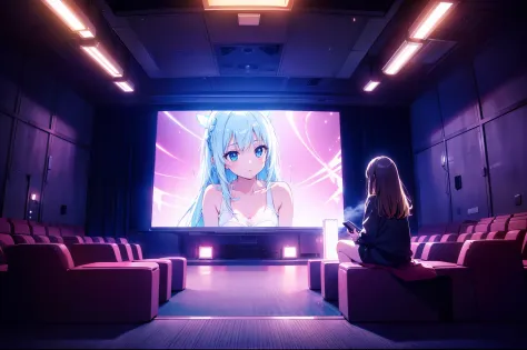 1 cute girl, sitting in movie theatre, movie screen,looking sci-f movie , (from behind), dark lighting, wide shot, lights turned...