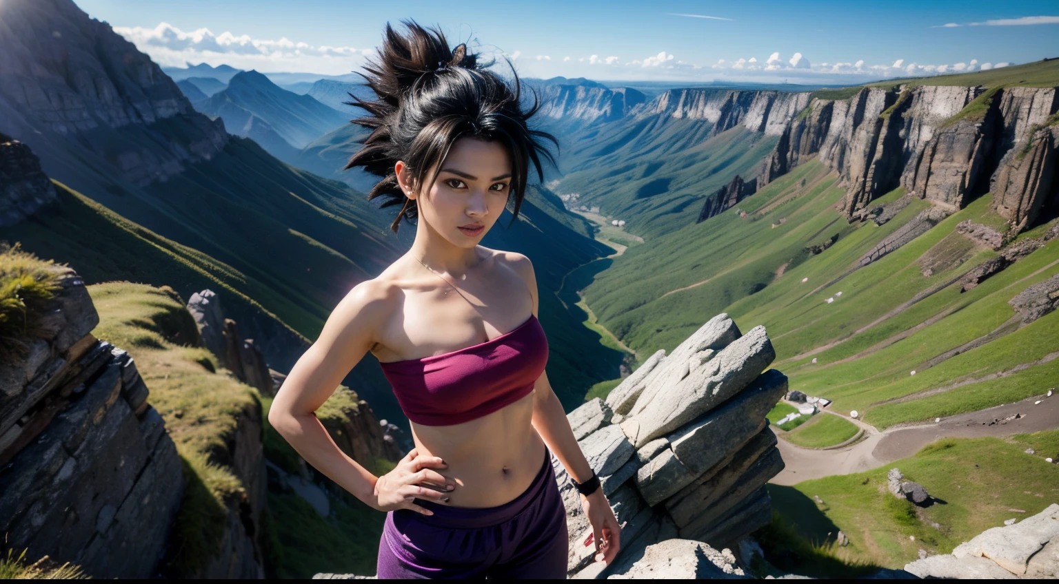 masterpiece, best quality, defcaulifla, black hair, black eyes, tube top, purple pants, bracers, looking at viewer, smirk, furrowed brow, smile, green sky, mountains, rock formations, from above, standing, close-up