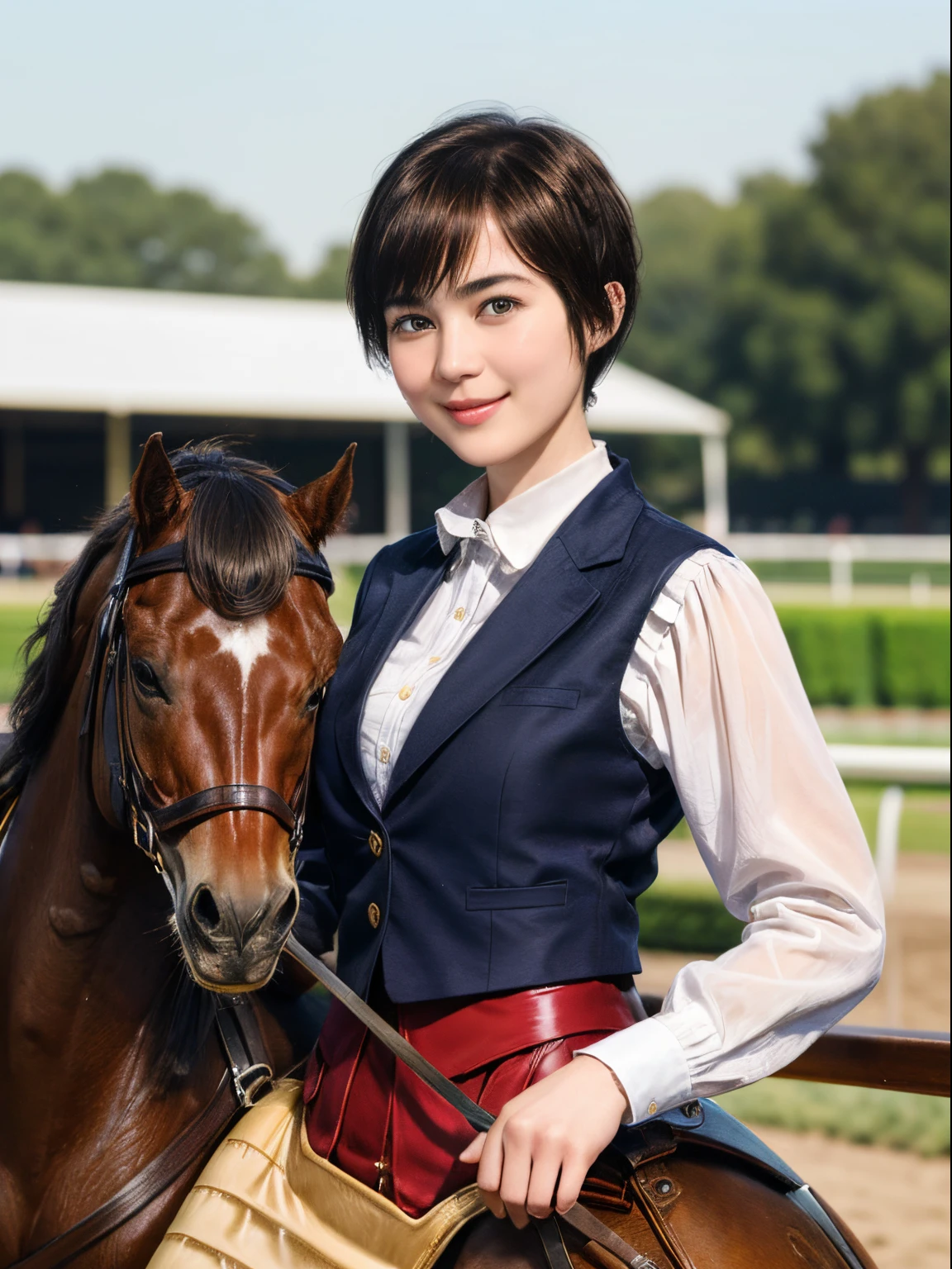 98
(a 20 yo woman,is standing), (A hyper-realistic), (high-level image quality), ((short-hair:1.46)), (Gentle smile), (Keep your mouth shut), (Riding a horse), (ride horse、Horse racing、carriage)