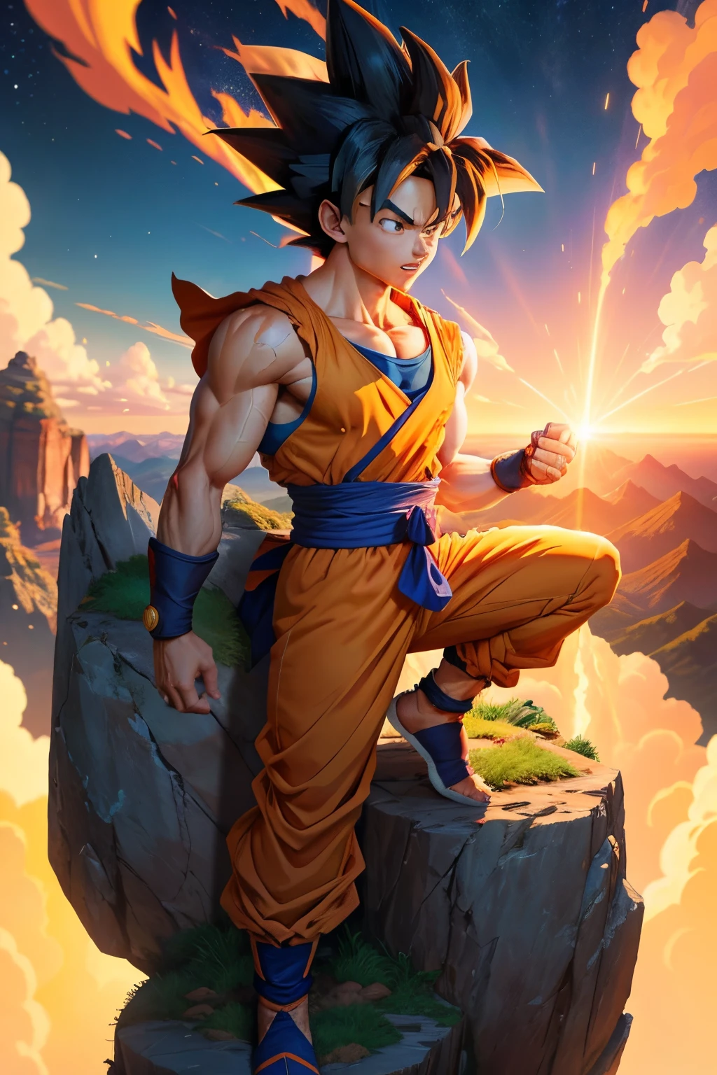 A young goku sitting on a rock with a sunset in the background - SeaArt AI