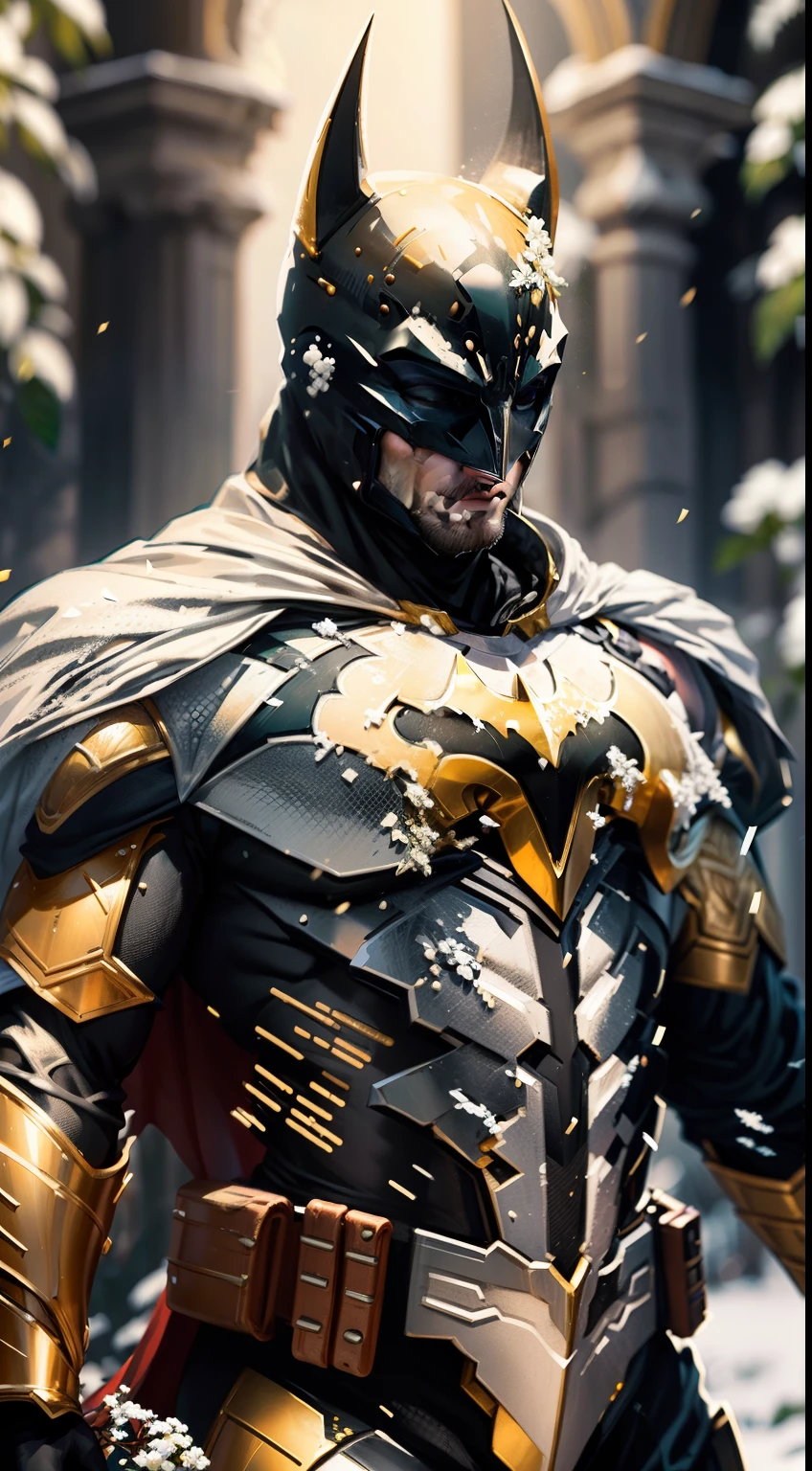 Full body Batman on a white, gold and red armor suit, in a snow-white forest, snow falling on the armor, Sin shines upon the suit of armor, hyper realistic, photorrealistic, intricate fabric details, needle-tip winemaking elements, Photo realism, 24k resolution, hyper detail art style in Leonardo Da Vinci an award winning photo