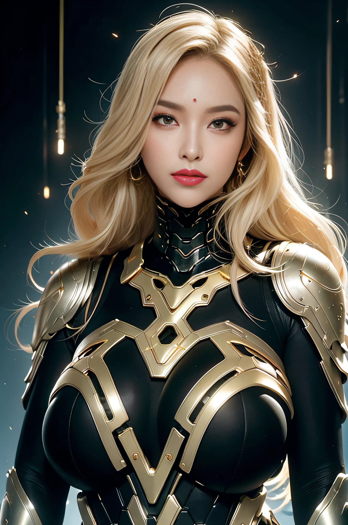 (masterpiece), best quality, expressive eyes, perfect face, beautiful details face, upper body, A beautiful mature woman in cyber armour suit shows her Extremely busty and attractive breasts, (light smile), (blonde hair), multicolored hair, (random hairstyles, shiny hair, gradient hair, medium long hair), (covered chest), (beautiful detailed full bodysuit:1.3), full body cybersuit, (glowing and shining armour:1.3), silver and gold cyber armour,(Edge lights:1.3), (gold and black colour scheme:1.3), (neon light on suit:1.1), beautiful details eyes, (eyes gold:1.2), (glowing eyes:1.1), forehead, (hair orament),(Gigantic saggy breasts:1.6), (well accentuated curves), red lips, (silver nails), mascara, Long eyelashes, (Extremely wide well defined hips:1.6), (beautiful massive thick muscular thighs:1.3), tight thighs,thick thighs, has a tall slender figure, (Extremely detailed skin texture:1.1), beautiful detailed realistic muscle definition, golden fireflies that shimmer, high detailed eyes, ultra-high quality model, proportionate, intense colouration fantasy, (background golden palace, beautiful background), gold and silver flora pastel tetradic colours, hair ornament, earrings, detached sleeves, jewelry, earring, (1girl), solo,