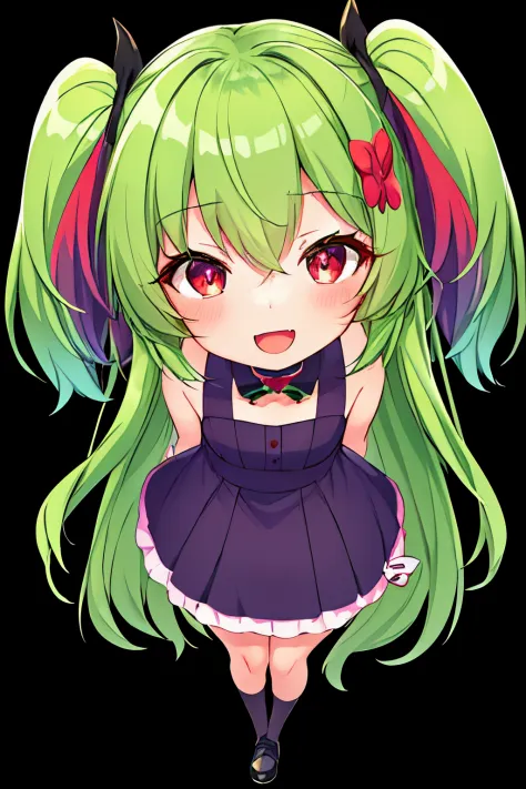 Full body, Upright, Arms at sides, Looking at Viewer, Simple background, 1girl in, Open mouth, Smile, Virtual Youtuber,Green hair,two tone hair、Pig ears、Goth Loli Fashion,Red Eyes,Colorful hair、hairaccessories、Green and pink hair、Fancy hair color