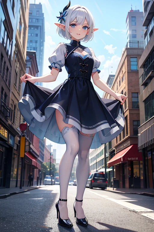 (mega detalhado) little elf with short white hair and blue eyes in the city wearing a beautiful dress with high heels and tights, sorriso leve, ultra hd, 8k.