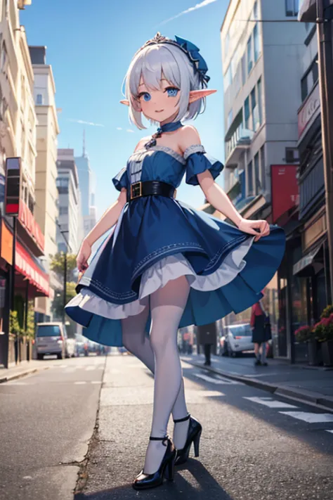 (mega detalhado) little elf with short white hair and blue eyes in the city wearing a beautiful dress with high heels and tights...
