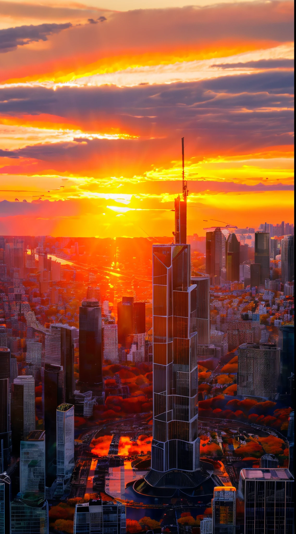 8k,、top-quality、hight resolution, 逼真、Skyscraper district、(((huge sunrise)))