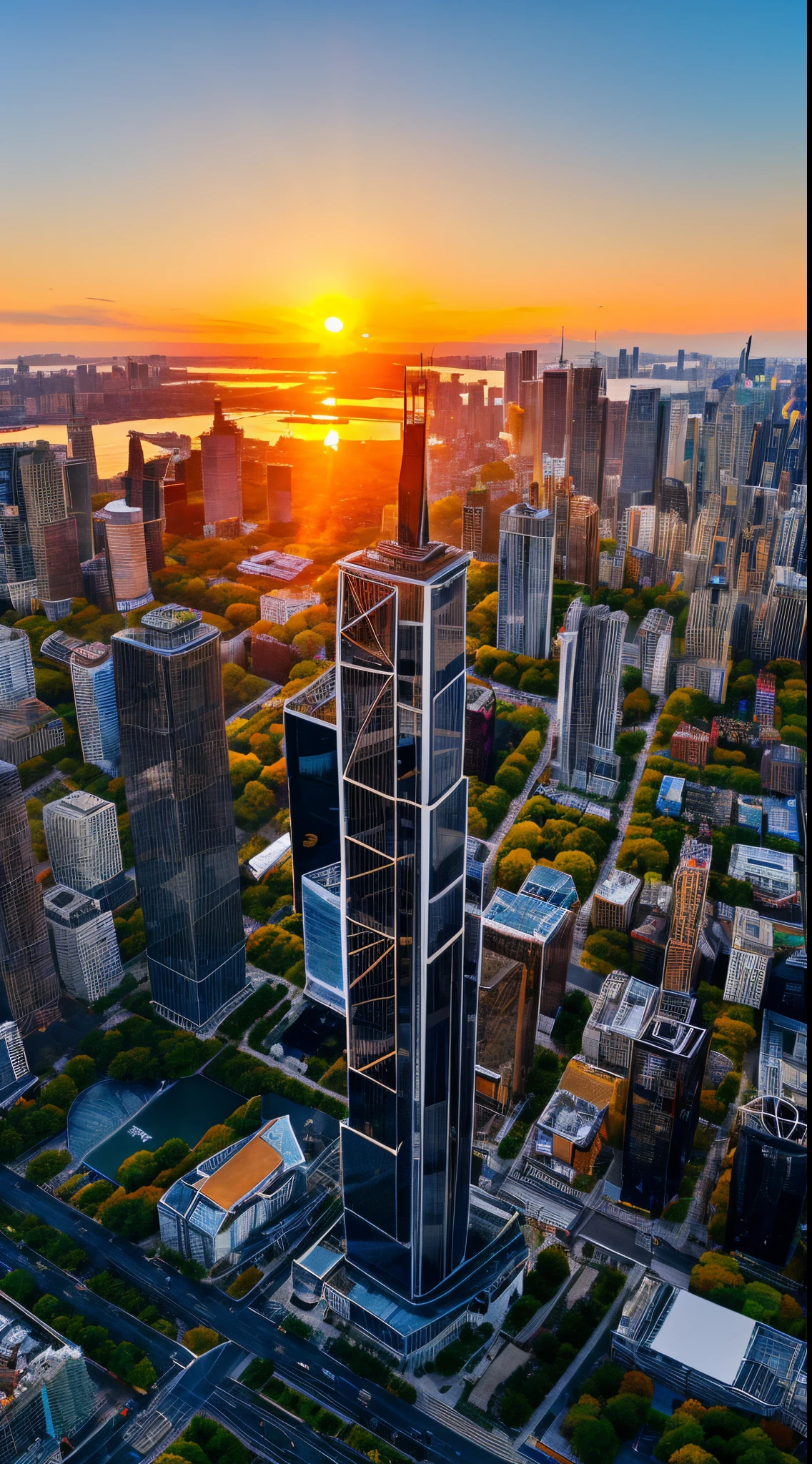 8k,、top-quality、hight resolution, 逼真、Skyscraper district、huge sunrise