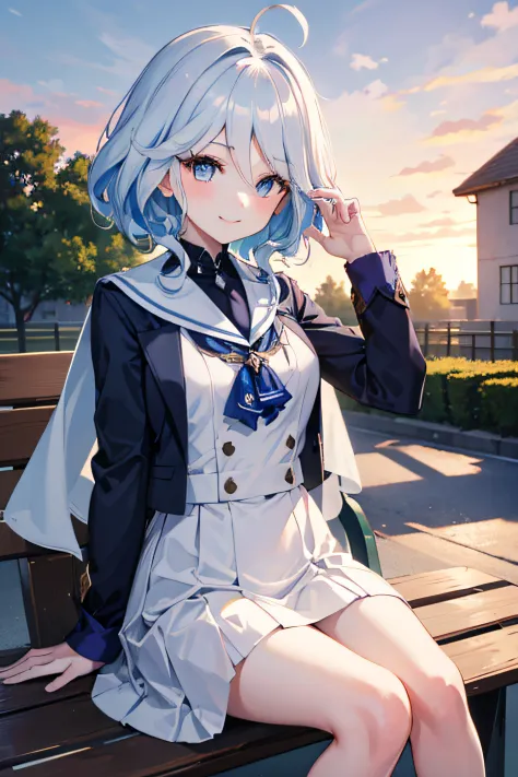 1girl, furina \(genshin impact\), whte dress, white skirt, white sailor collar, white scarf, sitting on bench, blue sky, sunset,...