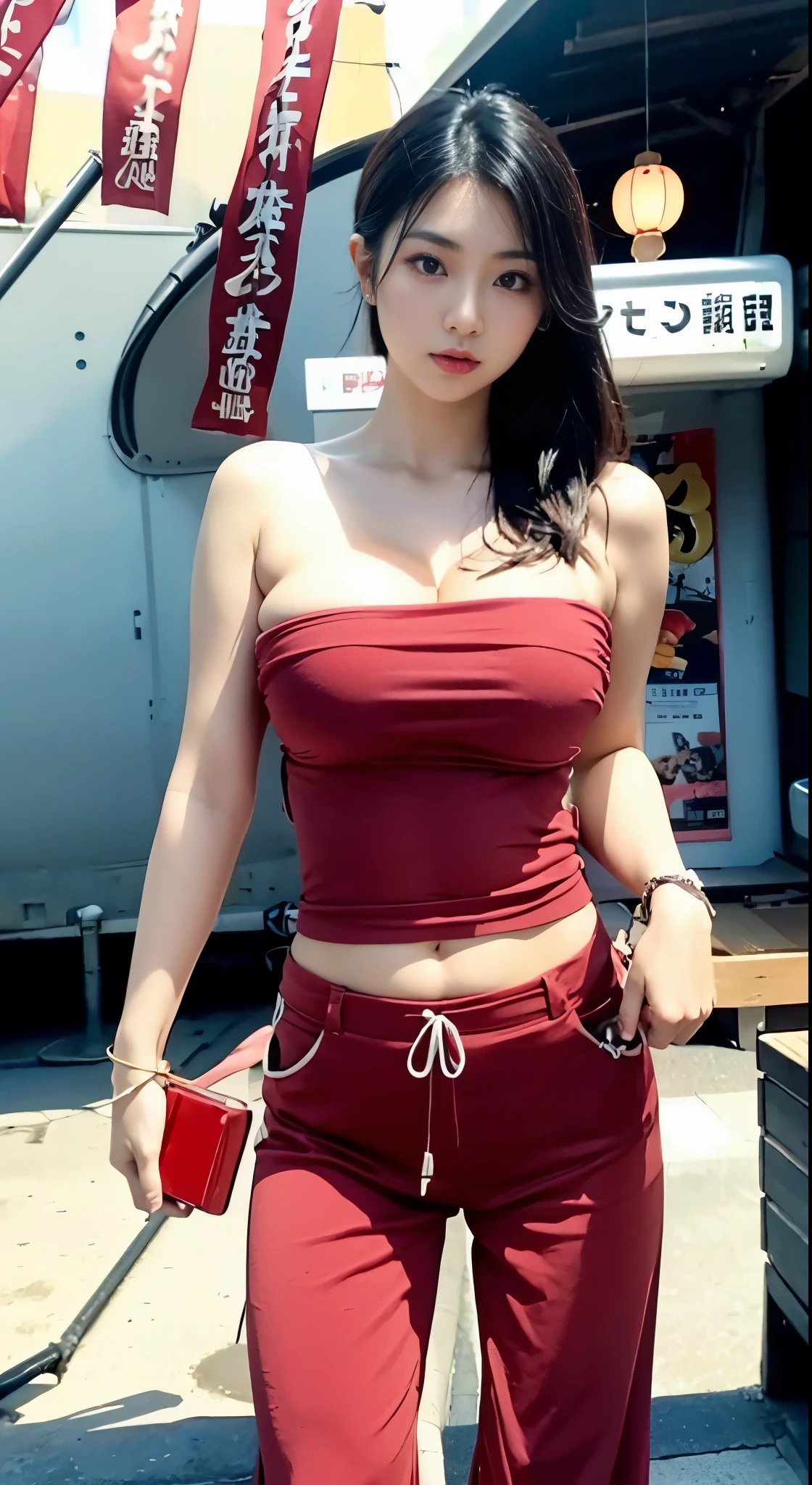 Araffe asian woman in red top and red pants walking down the street -  SeaArt AI