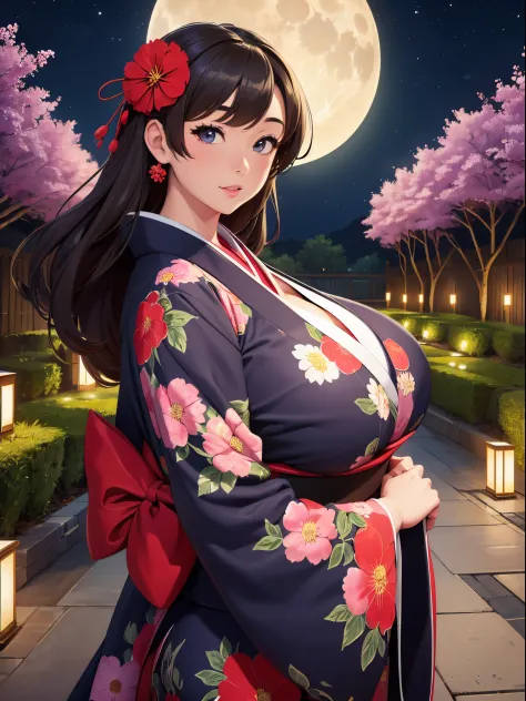 Best Quality, high_resolution, Distinct_image, Detailed background ,girl, japanese kimono,flower,garden,Moon, Night,Dutch Angle,...
