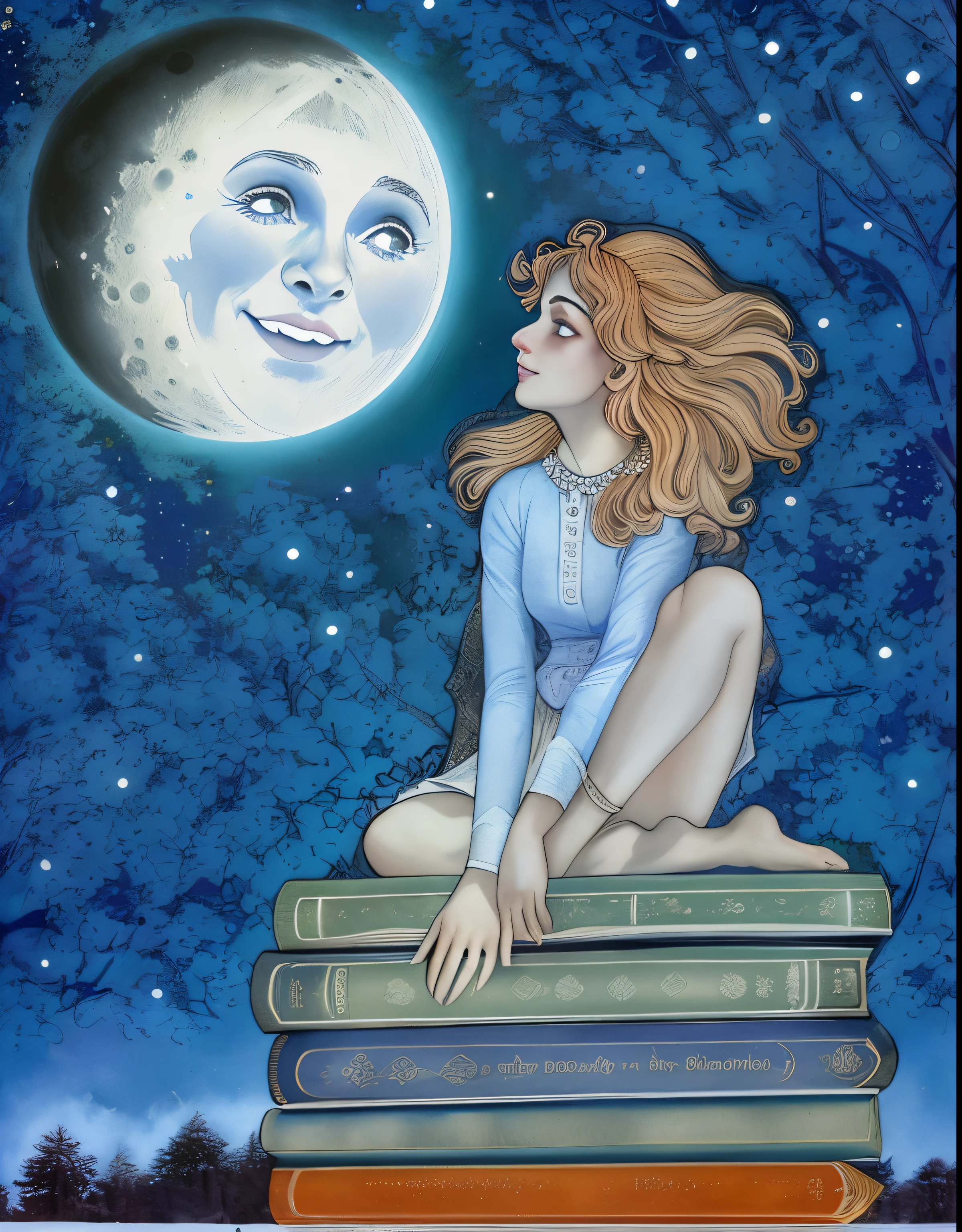 A painting of a woman sitting on a stack of books with a full moon in the  background - SeaArt AI