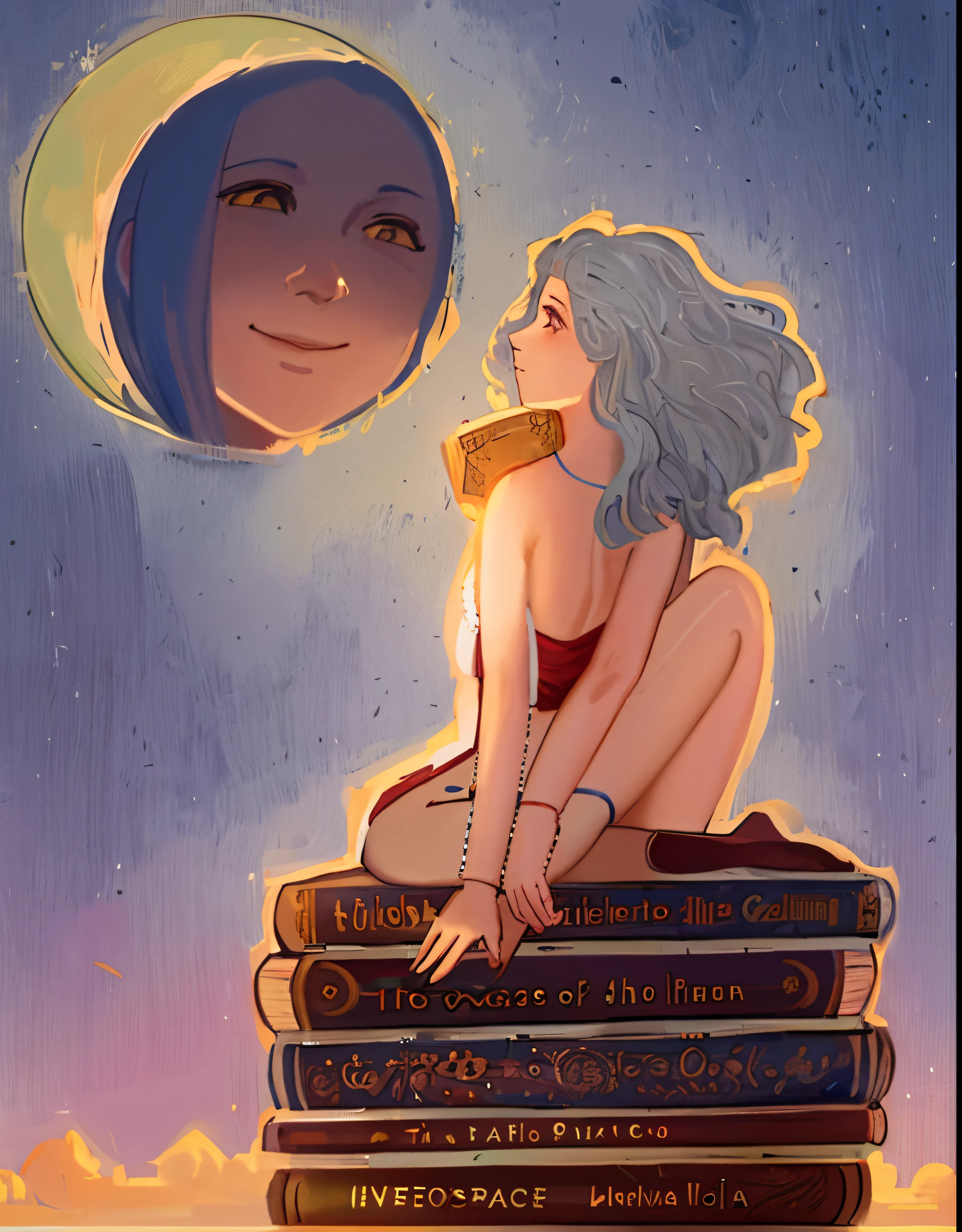 A painting of a woman sitting on a stack of books - SeaArt AI