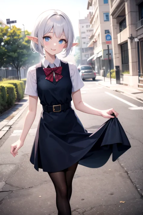 (mega detalhado) little elf with short white hair and blue eyes at school wearing a beautiful dress with high heels and tights, ...