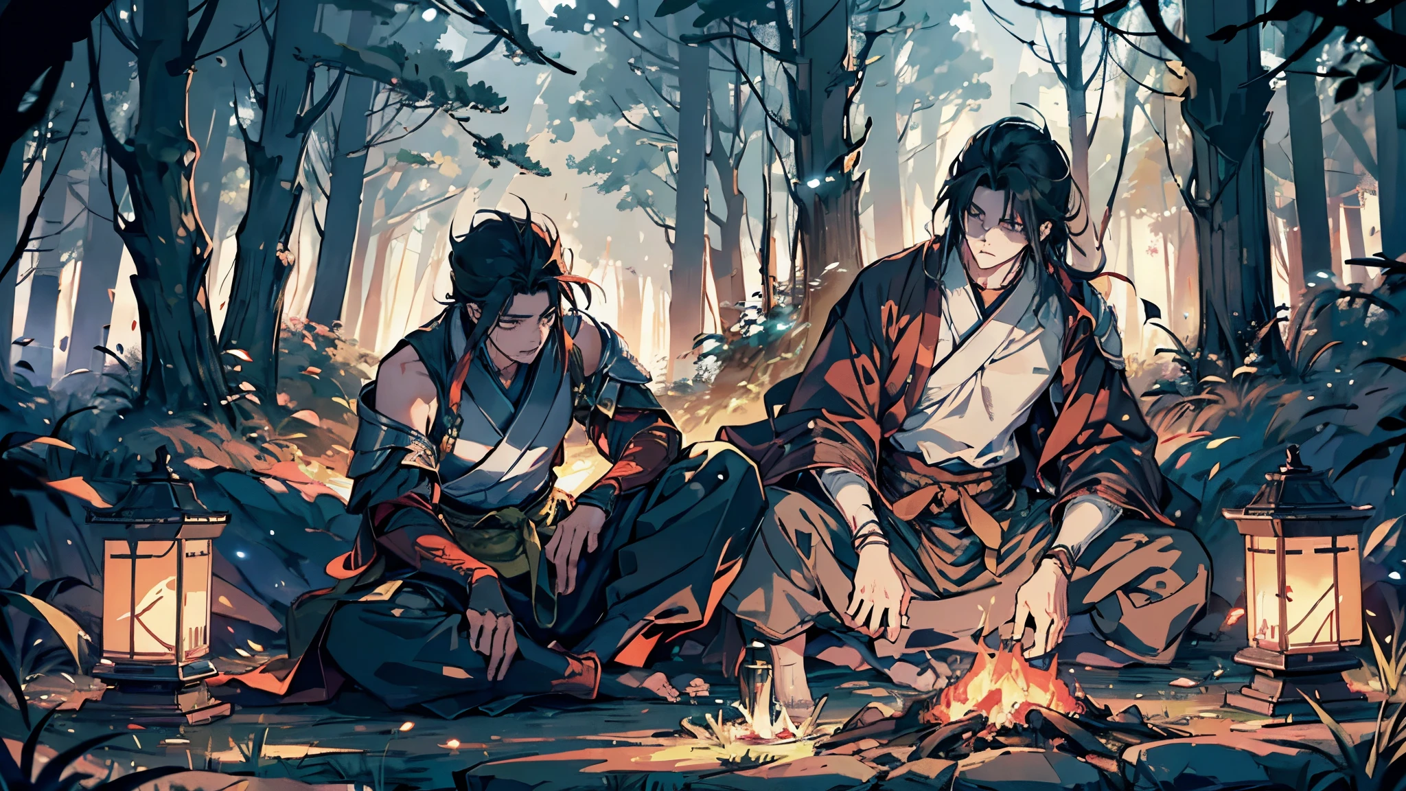 Midnight in a forest, imagine a poignant scene set in the heart of an ancient forest with two men, where Yone, the elder brother, in traditional japanese crimson attire, symbolizing his prowess as a seasoned warrior. Seated across from Yone, Yasuo, in a blue attire, rests with a singular sword, signifying a contrasting approach to combat. The crackling campfire bathes their faces in a warm, flickering glow, highlighting Yone's contemplative expression and Yasuo's thoughtful gaze. Under the vast expanse of the starlit night sky and surrounded by majestic trees, their leaves swaying gently in the breeze, the brothers engage in a heartfelt conversation. Their discussion revolves around the complexities of relationships, particularly their experiences and perspectives regarding romantic involvements. As they exchange stories and share insights, their bond deepens amidst the serene embrace of nature. The campfire serves as a beacon, illuminating their individual paths and forging a connection between their shared past and the tranquil beauty of the forest