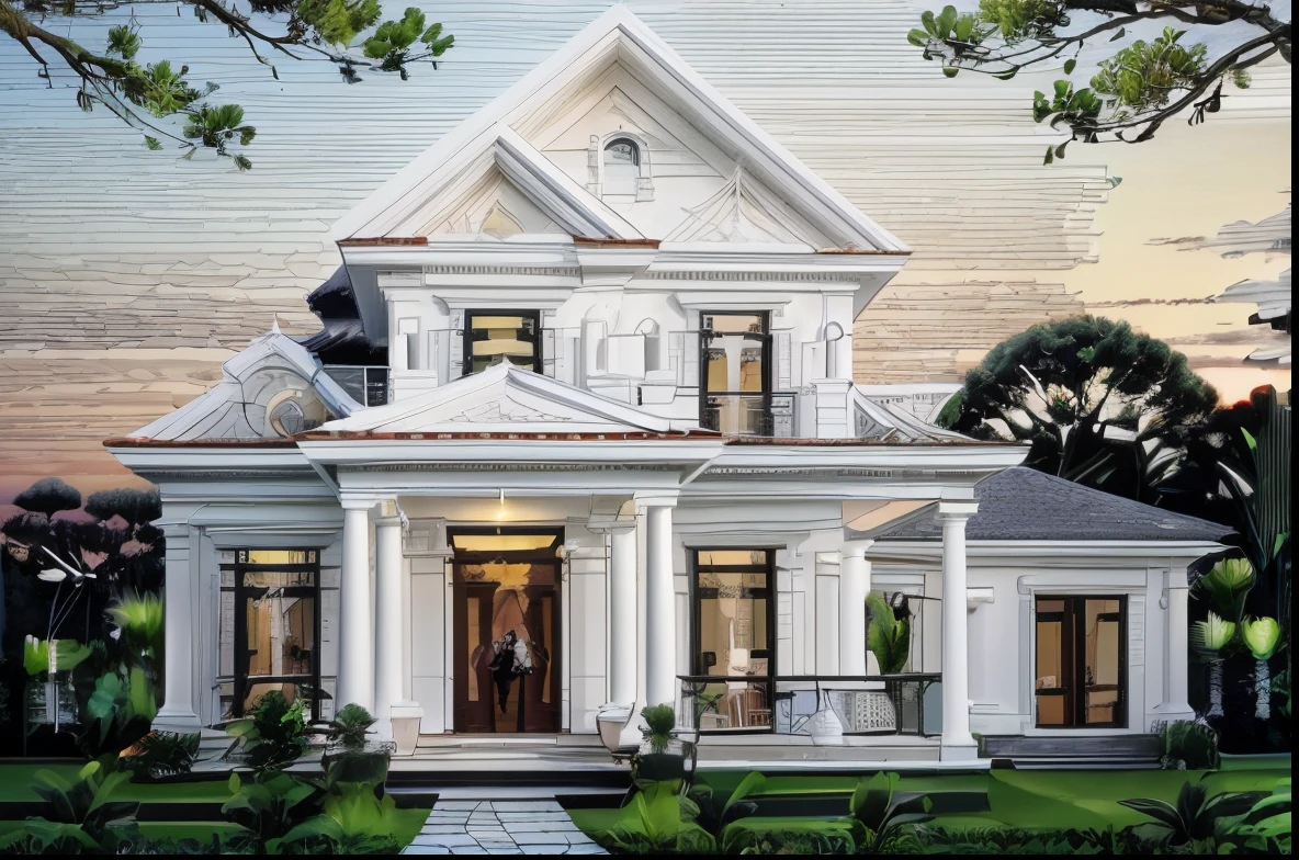 RAW photo,Masterpiece, high quality, best quality, authentic, super detail, exterior,  one villa style Neoclassic, (Modern minimalist lines:1.2),(white wall:1.1), railing glass, glass windows,trees, grass, ((sunset)), sky, vivid colour, (high detailed :1.2), 8k uhd, dslr, soft lighting, high quality, film grain, Fujifilm XT3