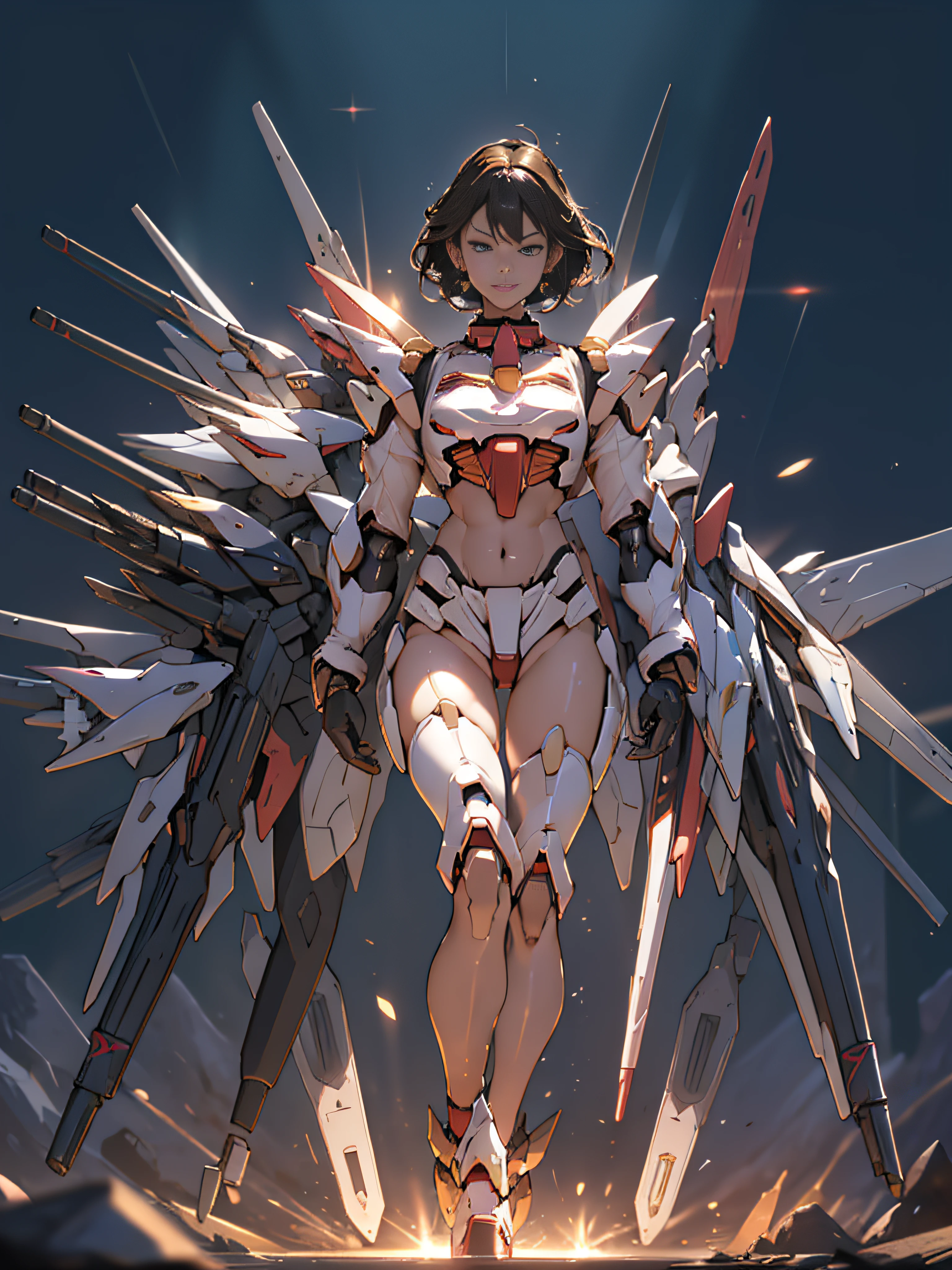 (((bikini-shaped Gundam armor)))), (((machine gun))), 8K, masterpiece, RAW photo, highest quality, photorealistic, extremely detailed CG integrates 8K, 8K, diamond and wallpaper, Depth of Field, Cinematic Light, Lens Flare, Ray Tracing, (Very Beautiful Face, Beautiful Lips, Beautiful Eyes), Intricately Detailed Face, ((Very Detailed Skin)), One Girl, Very Beautiful Korean female idol, 1 girl, (very slim and slender muscular) body: 1.3), ((long legs)), ((looks at viewer)), (light smile: 1.3), (background Blur), (No one in the background: 1.3), Beautiful earrings, bangles, necklaces, clear eyes, (white skin), (big eyes), ((full body shot)), (Various hairstyles, various hair color), (short hair), very slim, glamorous body, various situations, various angles, various locations, dynamic poses, Sozabi, mechanical,