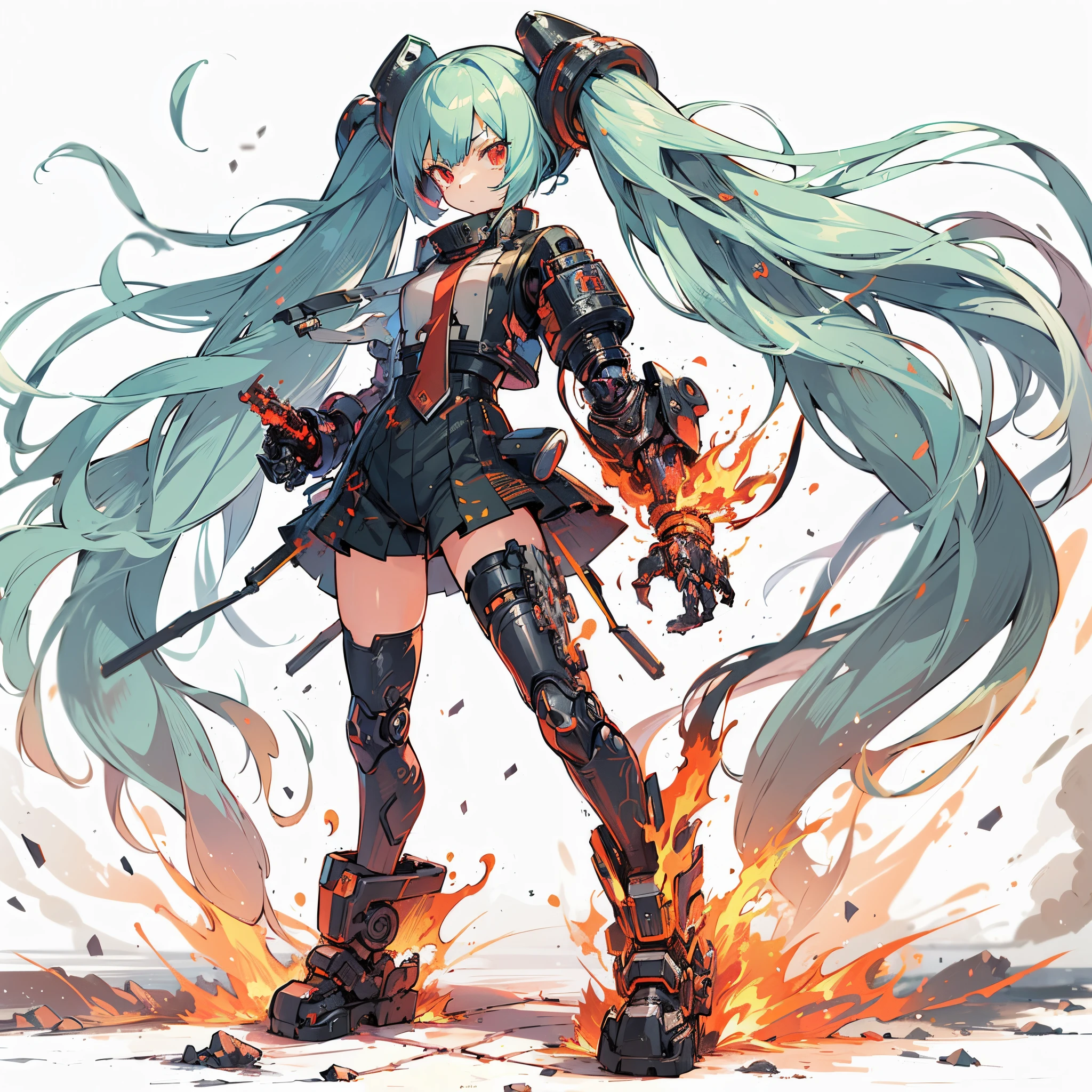 (masutepiece), (Perfect athlete body:1.2), Anime style, Full body, Cyberpunk Girl, Sea green twin hairstyle with red eyes, cyberpunk outfits, black purple flame fist, Burnt mechanical limbs, Standing in the wasteland, White background, Whole body、Bullish look