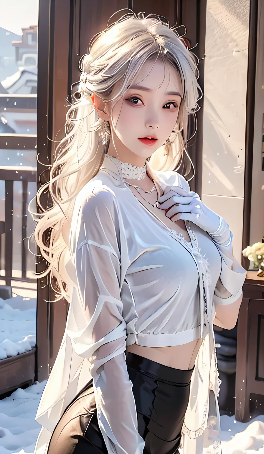 realisticlying, A high resolution, 1 woman, alone, legsupms, view the viewer, (Detailed face), White hair, long whitr hair, jewely, Elegant necklace, elegant diamond earrings, Secretarial uniform，White color blouse, black necktie, Women's tights，white stockings，White lace gloves，snowfield，snow landscape，Skysky(extreme light)，Wear white lace gloves