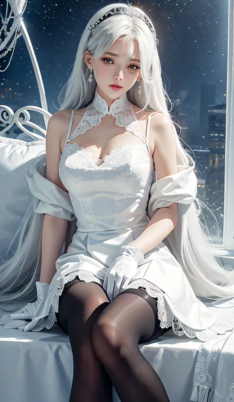 true, A high resolution, 1 woman, Alone, legsupms, view the viewer, (详细的脸), White hair, long whitr hair, jewely, Elegant necklac...