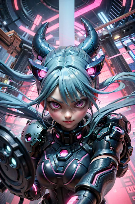 Anime girl with blue hair and horns holding a sword, digital cyberpunk anime art,  cyberpunk anime girls mecha, digitl cyberpunk...
