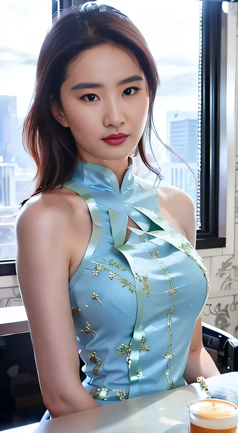 araf woman in blue dress sitting at the table，with a cup of coffee, gorgeous chinese models, wearing a blue cheongsam, wearing a...