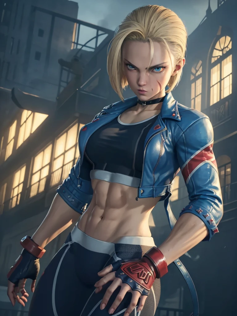 Android 18 de cammy"(requintadamente detalhado CG unidade 8k papel de parede, qualidade de obra-prima com realismo impressionante), (melhor iluminação, Melhor sombra), (melhor qualidade), (estilo elegante e demoníaco:1.2), (fechar-se:1) Significado moderno de anime. visão angular, pose heróica, fechar-se full length portrait medium shot of cammy, sutiã esportivo azul marinho, jaqueta aberta azul claro, calças de ioga azul marinho, luvas vermelhas, músculo abdominal, músculos, (olhos olhando para o espectador:1.0), abdômen, efeito de desfoque de profundidade de campo, Noite, zoom total, retrato de ação, Fotorrealista. iluminação cinematográfica, altamente detalhado. melhor qualidade, 4K, Melhor mão, anatomia perfeita, inclinando-se para a frente, efeitos do encurtamento anterior, (inclinando-se para a frente:1) (expressão sexy de flerte tímido fofo), efeito de encurtamento prévio, (olhos penetrantes:0.8), cercado por uma atmosfera sinistra e escura, acentuado por uma iluminação dramática e marcante, imbuído de uma sensação de fantasia surreal", (maduro:0.5) (na cidade de Londres à tarde:1.5) (soio:1.5) (cara muito bonito:1.3) (pose de agente secreto:1)