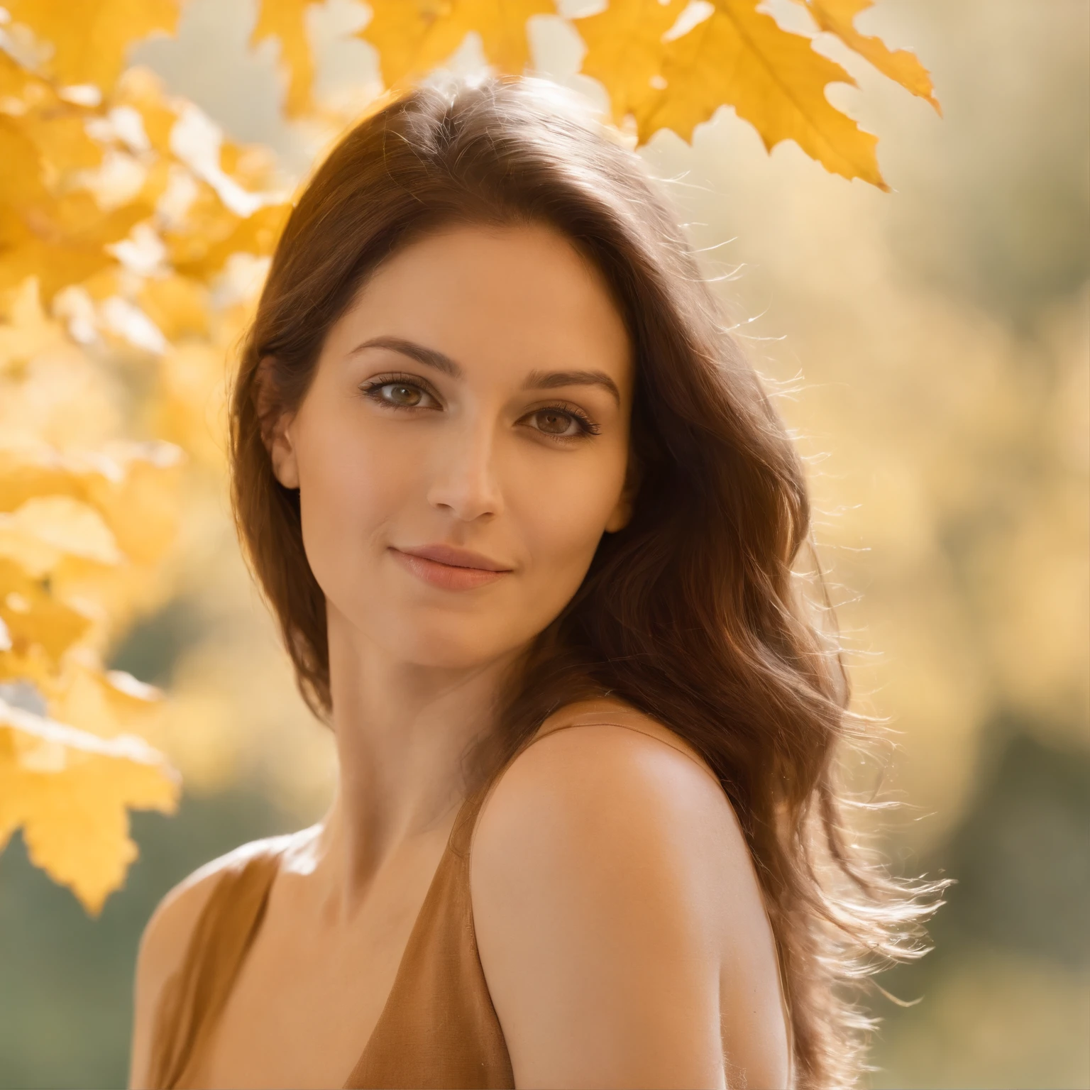 A close up of a woman with long hair and a brown dress - SeaArt AI