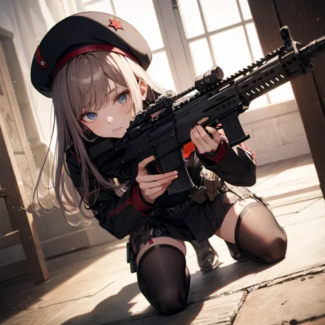 a beauty girl　black beret　hold up a rifle and shoot　sharp eyes　standing on the knees