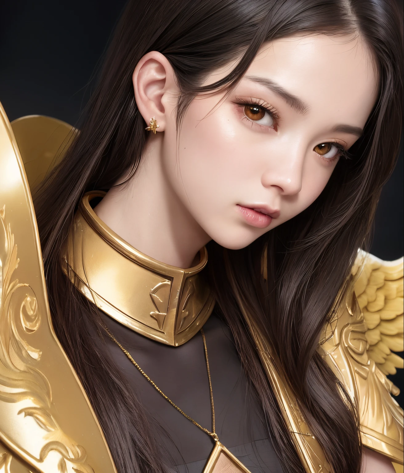 Warrior angel with gold armor in ornaments,  realista, Foto,  elegante, Kodak, Puerto 400, 8k, Luz suave, volumetric illumination, Altamente detallado,  Estilo 3/4, Portrait photography Close up portrait photography of a beautiful woman, Por Alan Lee, Aleksi Briclot,  Daniel Gerhartz, Alex Horley-OrlandellJennie Kim, blackpink, Jennie, Asian face