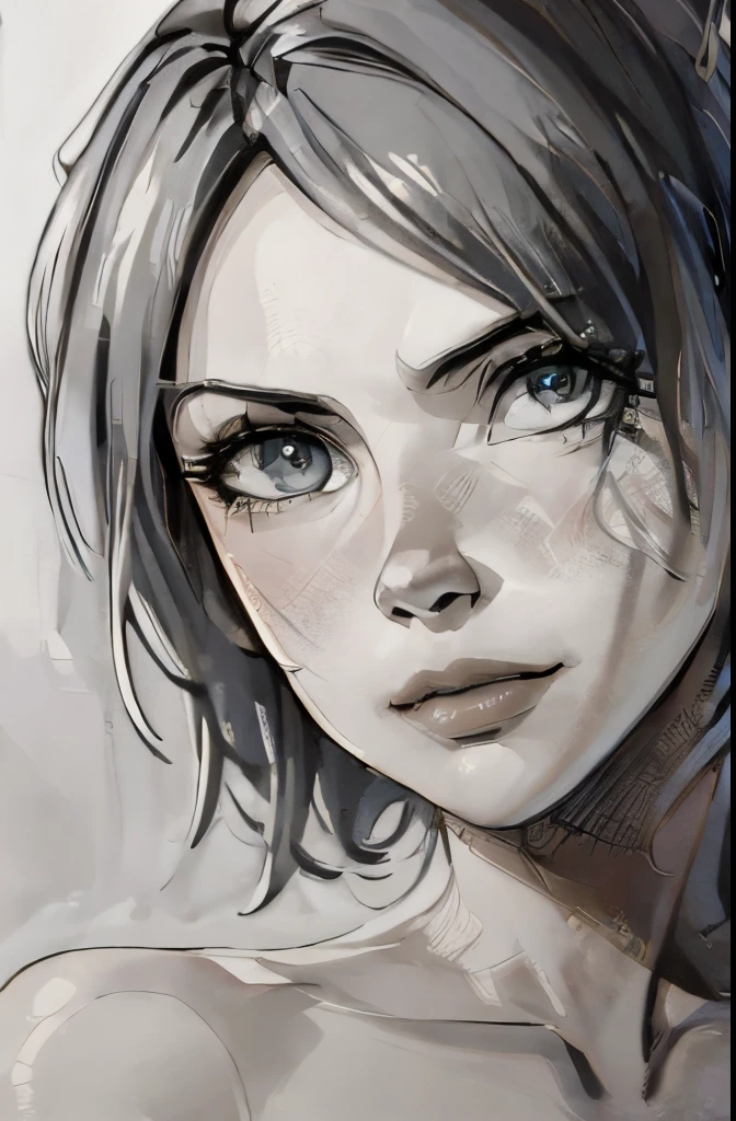 A girl in a mugshot, sketch, black and white, detailed features, vintage style, high contrast lighting, expressive eyes, tousled hair. (best quality, highres, realistic:1.37), vintage, monochrome, intense gaze, dramatic lighting, rugged background, distressed paper texture, retro vibes, id photo, front view