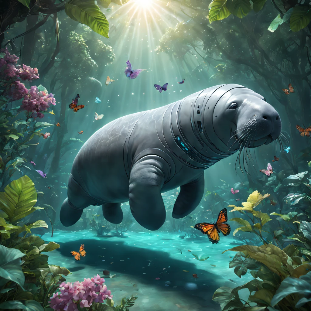 Futuristic ethereal manatee，Sci-fi butterflies，future manatee，manatee，Futuristic jungle background，tmasterpiece，（Very detailed CG unified 8k wallpaper），（Best quality），（Best Best Illustration），（The best shadow），The background is a forest theme，With natural elements，flowers blooming，warm color palette，Surrounded by delicate leaves and branches，rays of sunshine，（nature elements），（Jungle theme），（leafs），grape trees，manatee，（exquisite leaves），（particle effect），isometric 3D，Rendered by Octane， ray traycing，ultra - detailed