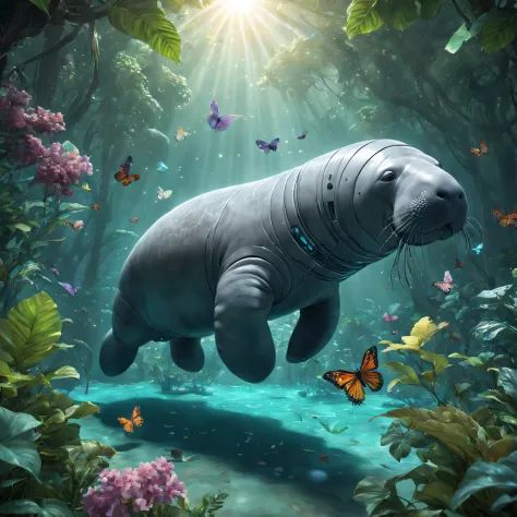 Futuristic ethereal manatee，Sci-fi butterflies，future manatee，manatee，Futuristic jungle background，tmasterpiece，（Very detailed C...