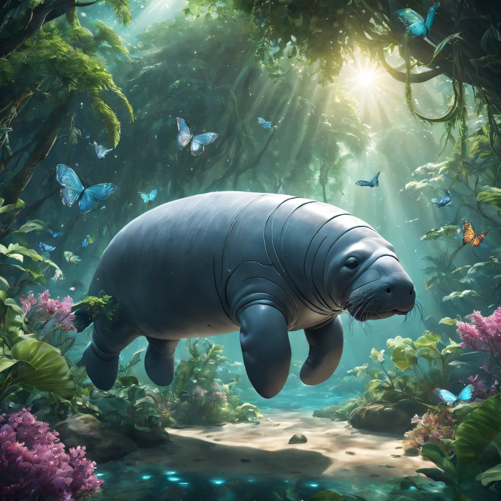 Futuristic ethereal manatee，Sci-fi butterflies，future manatee，manatee，Futuristic jungle background，tmasterpiece，（Very detailed CG unified 8k wallpaper），（Best quality），（Best Best Illustration），（The best shadow），The background is a forest theme，With natural elements，flowers blooming，warm color palette，Surrounded by delicate leaves and branches，rays of sunshine，（nature elements），（Jungle theme），（leafs），grape trees，manatee，（exquisite leaves），（particle effect），isometric 3D，Rendered by Octane， ray traycing，ultra - detailed