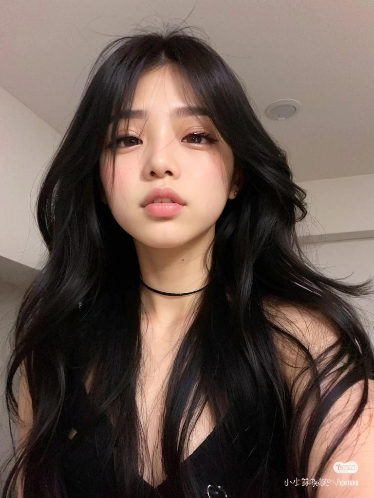 A close up of a woman with long black hair and a choke, ulzzang - SeaArt AI