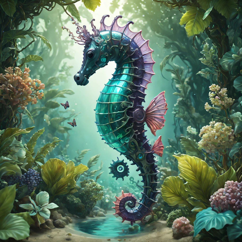 Futuristic ethereal seahorse，Sci-fi butterflies，future seahorse，sea horse，Futuristic jungle background，tmasterpiece，（Very detailed CG unified 8k wallpaper），（Best quality at best），（Best Best Illustration），（The best shadow），The background is a forest theme，With natural elements，flowers blooming，warm color palette，surrounded by exquisite leaves and branches，rays of sunshine，（nature elements），（Jungle theme），（leafs），grape trees，manatee，（exquisite leaves），（particle effect），isometric 3D，Rendered by Octane， Ray traching，ultra - detailed