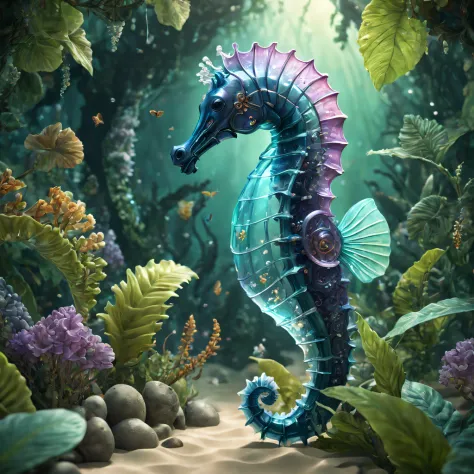 Futuristic ethereal seahorse，Sci-fi butterflies，future seahorse，sea horse，Futuristic jungle background，tmasterpiece，（Very detail...