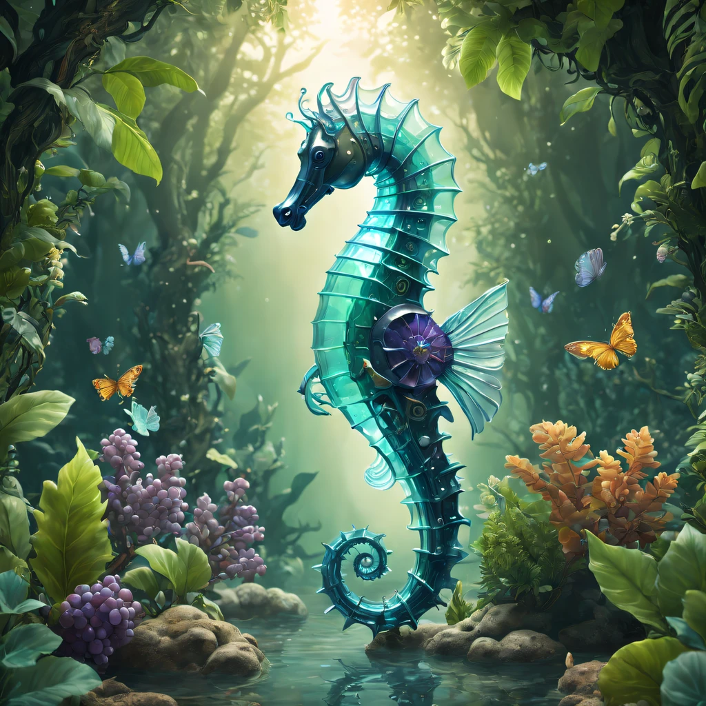 Futuristic ethereal seahorse，Sci-fi butterflies，future seahorse，sea horse，Futuristic jungle background，tmasterpiece，（Very detailed CG unified 8k wallpaper），（Best quality at best），（Best Best Illustration），（The best shadow），The background is a forest theme，With natural elements，flowers blooming，warm color palette，surrounded by exquisite leaves and branches，rays of sunshine，（nature elements），（Jungle theme），（leafs），grape trees，manatee，（exquisite leaves），（particle effect），isometric 3D，Rendered by Octane， Ray traching，ultra - detailed