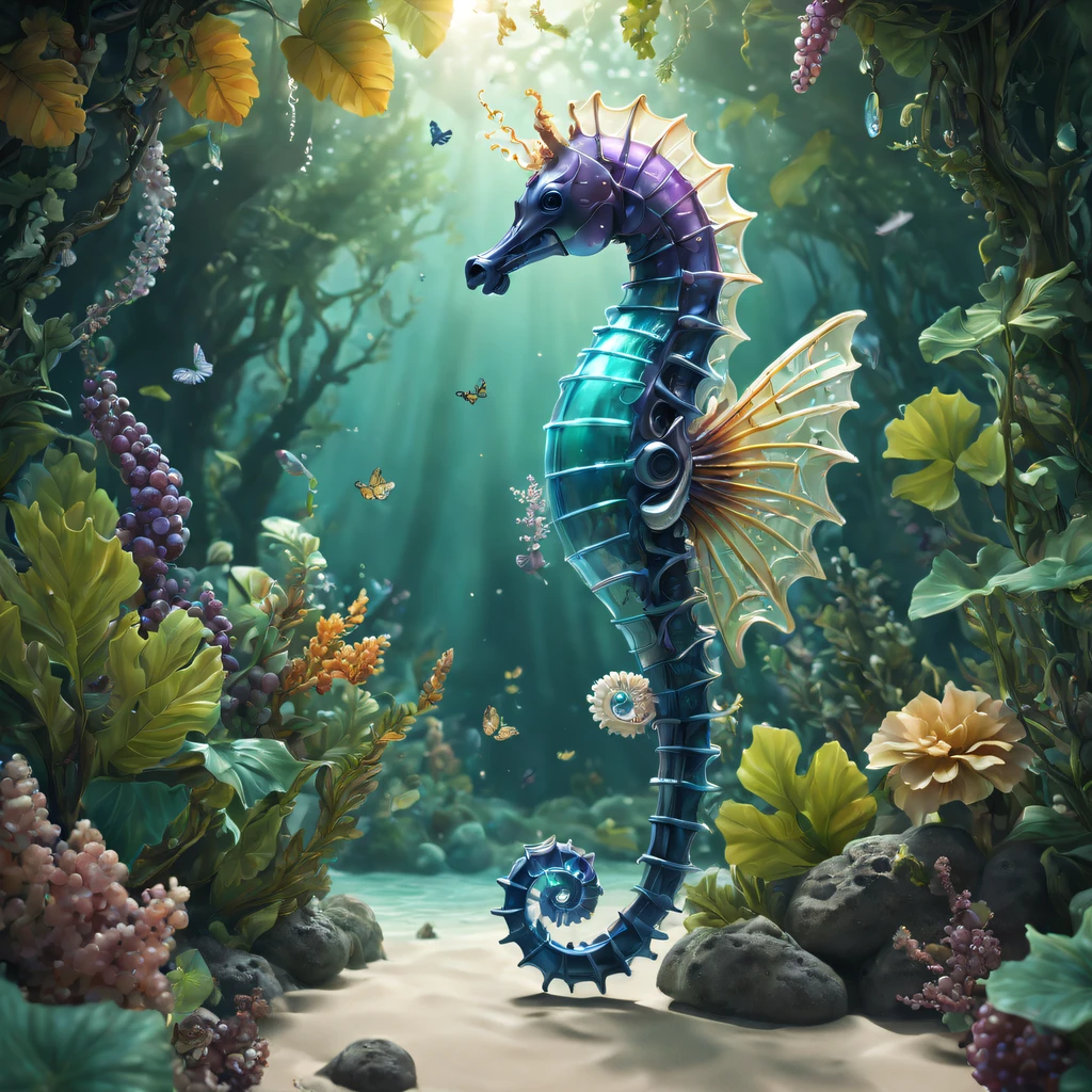 Futuristic ethereal seahorse，Sci-fi butterflies，future seahorse，sea horse，Futuristic jungle background，tmasterpiece，（Very detailed CG unified 8k wallpaper），（Best quality at best），（Best Best Illustration），（The best shadow），The background is a forest theme，With natural elements，flowers blooming，warm color palette，surrounded by exquisite leaves and branches，rays of sunshine，（nature elements），（Jungle theme），（leafs），grape trees，manatee，（exquisite leaves），（particle effect），isometric 3D，Rendered by Octane， Ray traching，ultra - detailed