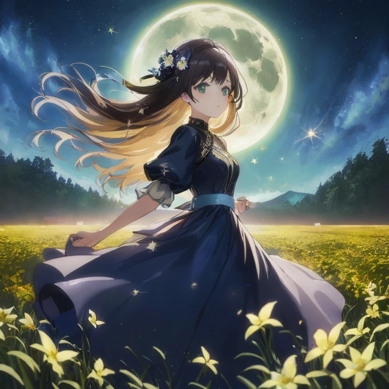 A woman wearing a dress is walking through a flower field, Beautiful anime, the glow of the moonlight, Anime art wallpaper 8k, nightcore, ethereal anime, beautiful fantasy anime, Anime visuals of cute girls, 4k anime wallpaper, daytime ethereal anime, hd anime wallaper, official anime artwork, anime wallaper, beautiful anime artwork