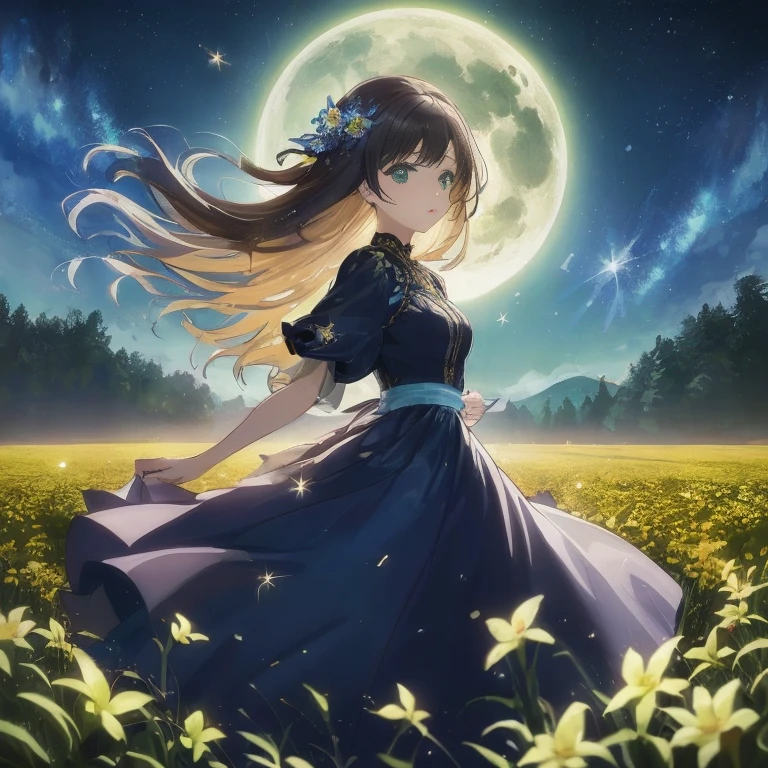 A woman wearing a dress is walking through a flower field, Beautiful anime, the glow of the moonlight, Anime art wallpaper 8k, nightcore, ethereal anime, beautiful fantasy anime, Anime visuals of cute girls, 4k anime wallpaper, daytime ethereal anime, hd anime wallaper, official anime artwork, anime wallaper, beautiful anime artwork